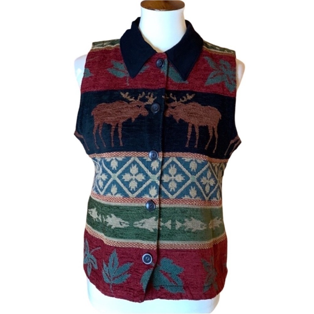 Coldwater Creek tapestry vest with moose, fish and leaves Size Small